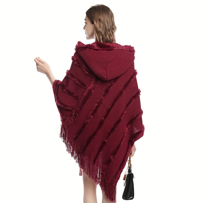 Antmvs Loose Knit Hooded Pullover Poncho Large Solid Color Batwing Tassel Shawl Autumn Winter Travel Outside Windproof Cape