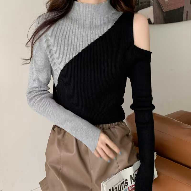 Antmvs Color Block Pullover Sweater, Casual Cold Shoulder Mock Neck Long Sleeve Top, Women's Clothing