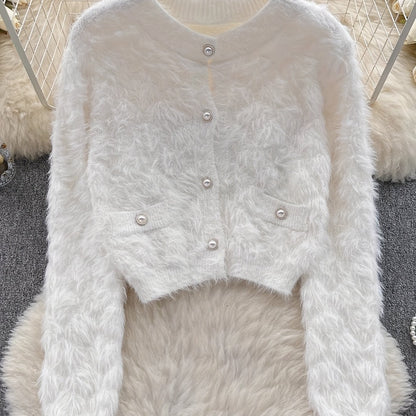 Antmvs Faux Fur Button Down Knit Cardigan, Elegant Long Sleeve Cozy Stylish Sweater, Women's Clothing