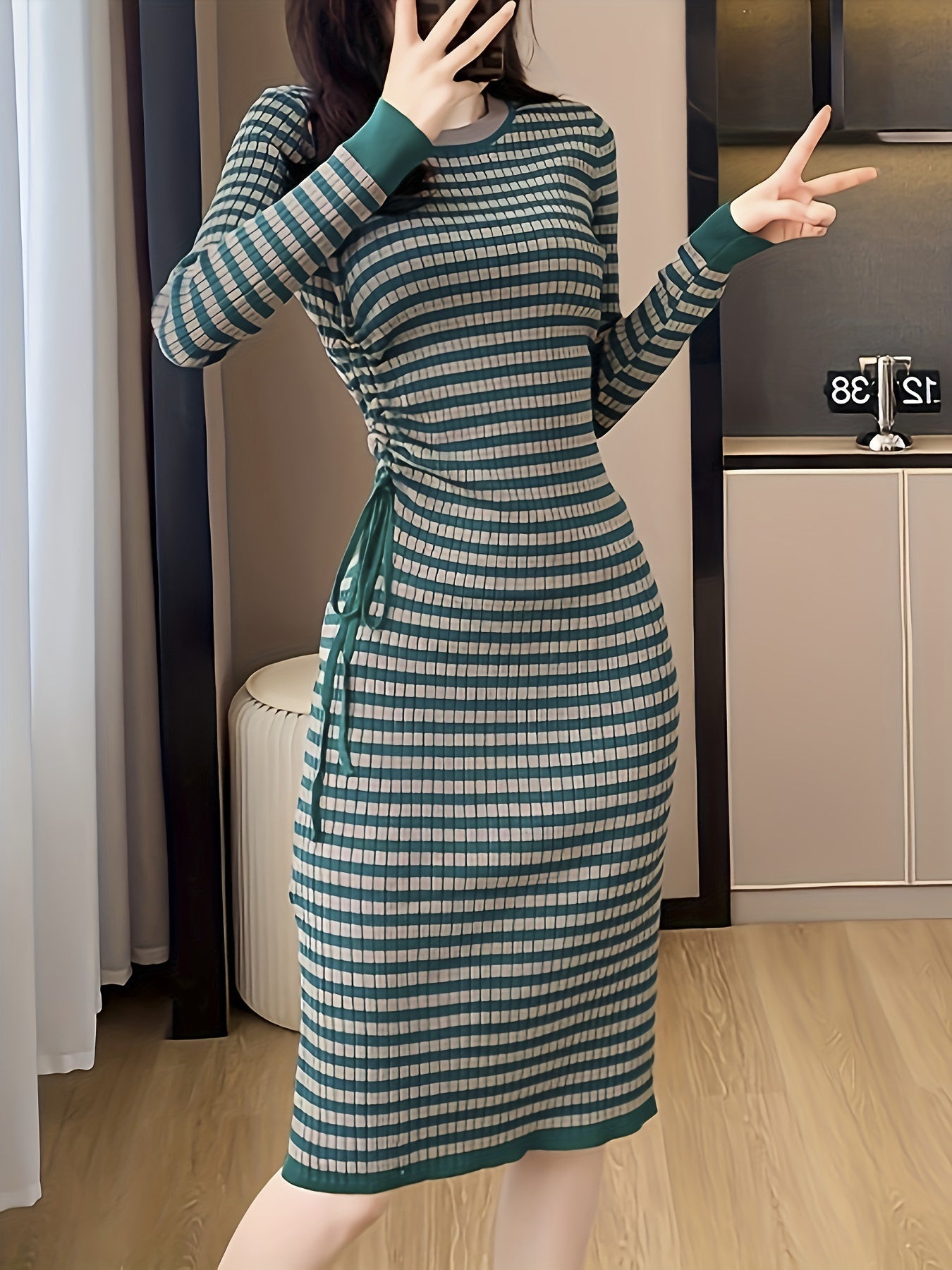 Antmvs Drawstring Striped Midi Dress, Elegant Crew Neck Long Sleeve Dress, Women's Clothing