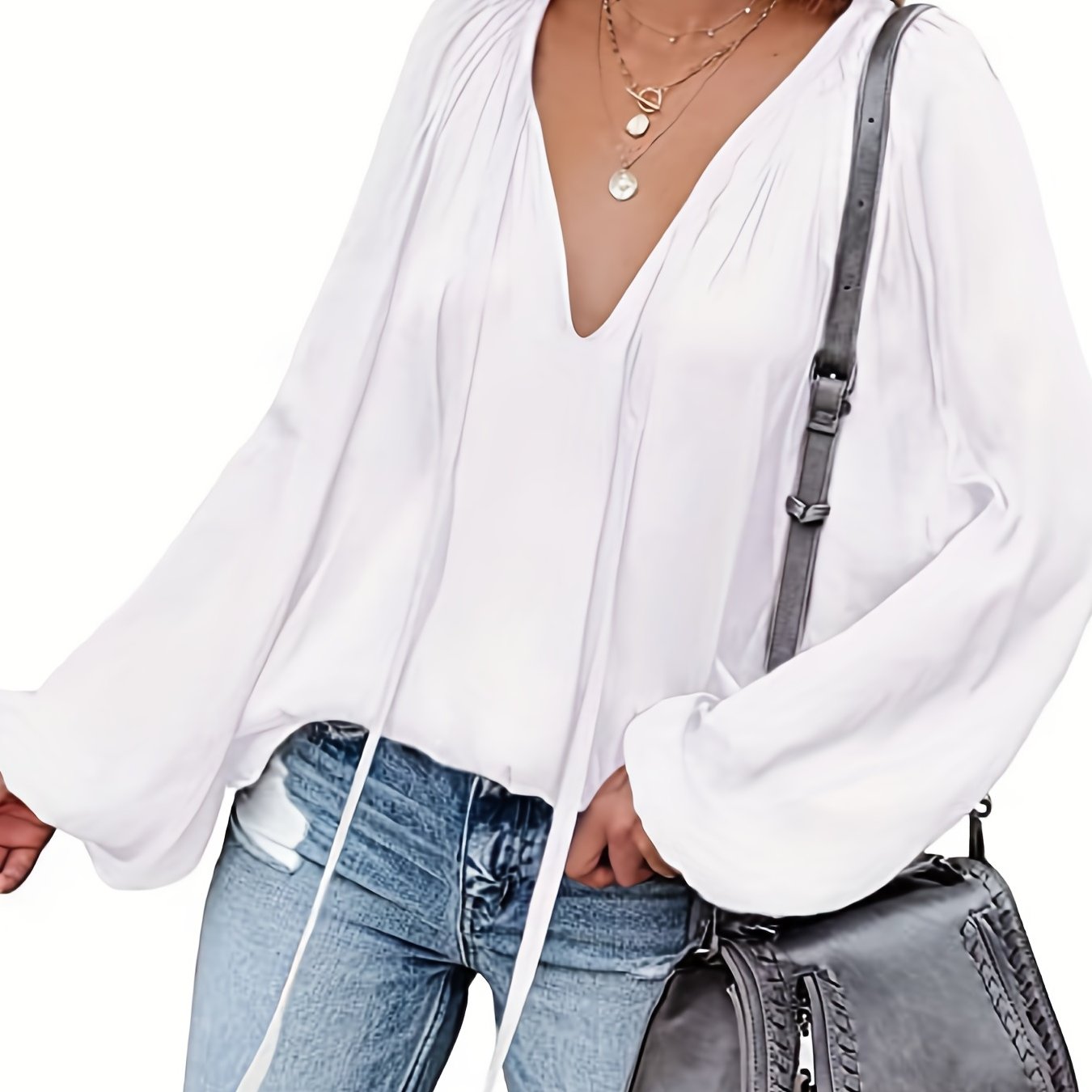 Antmvs  Lantern Long Sleeve Satin Blouse, Elegant V Neck Tops For Spring & Summer, Women's Clothing