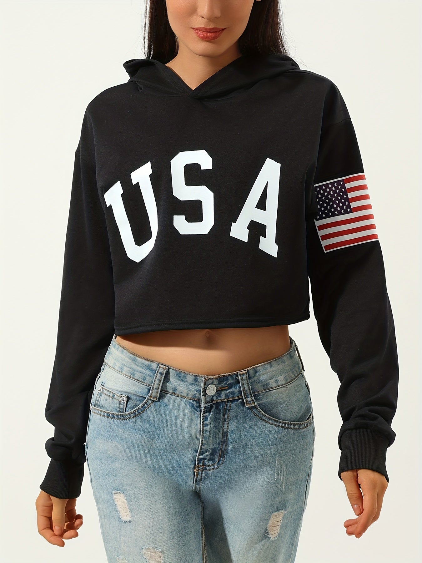 Antmvs Women's USA American Flag Graphic Sweatshirt - Long Sleeve, Round Neck, Casual Sports Style