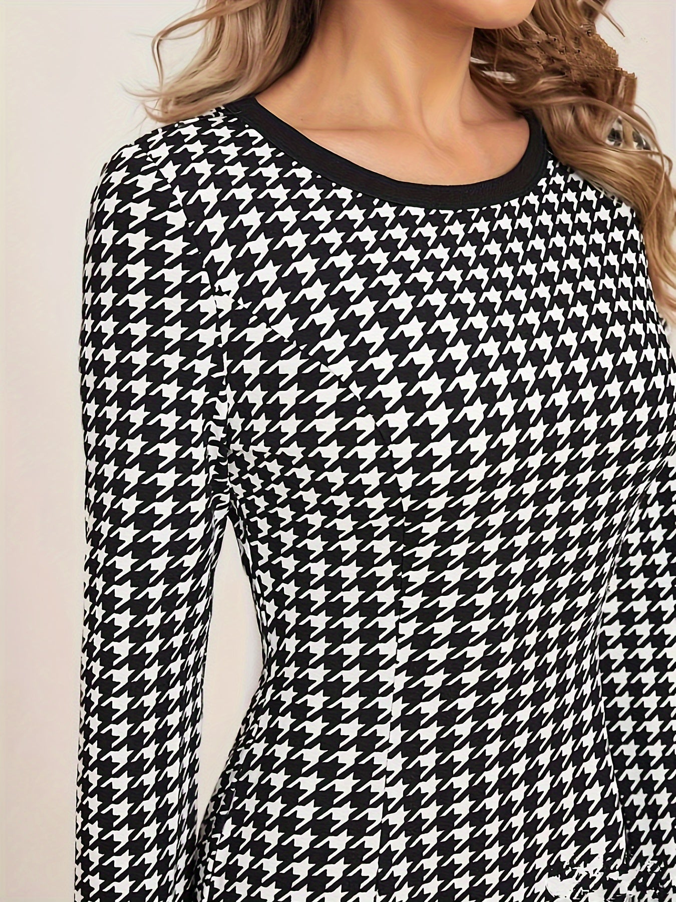 Antmvs Houndstooth Pattern Contrast Trim Dress, Elegant Long Sleeve Crew Neck Dress, Women's Clothing