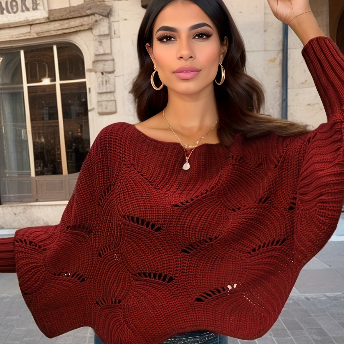 Antmvs Knitted Hollow Out Pullover Poncho Solid Color Batwing Loose Shawl Women's Stylish Round Neck Outerwear Smock