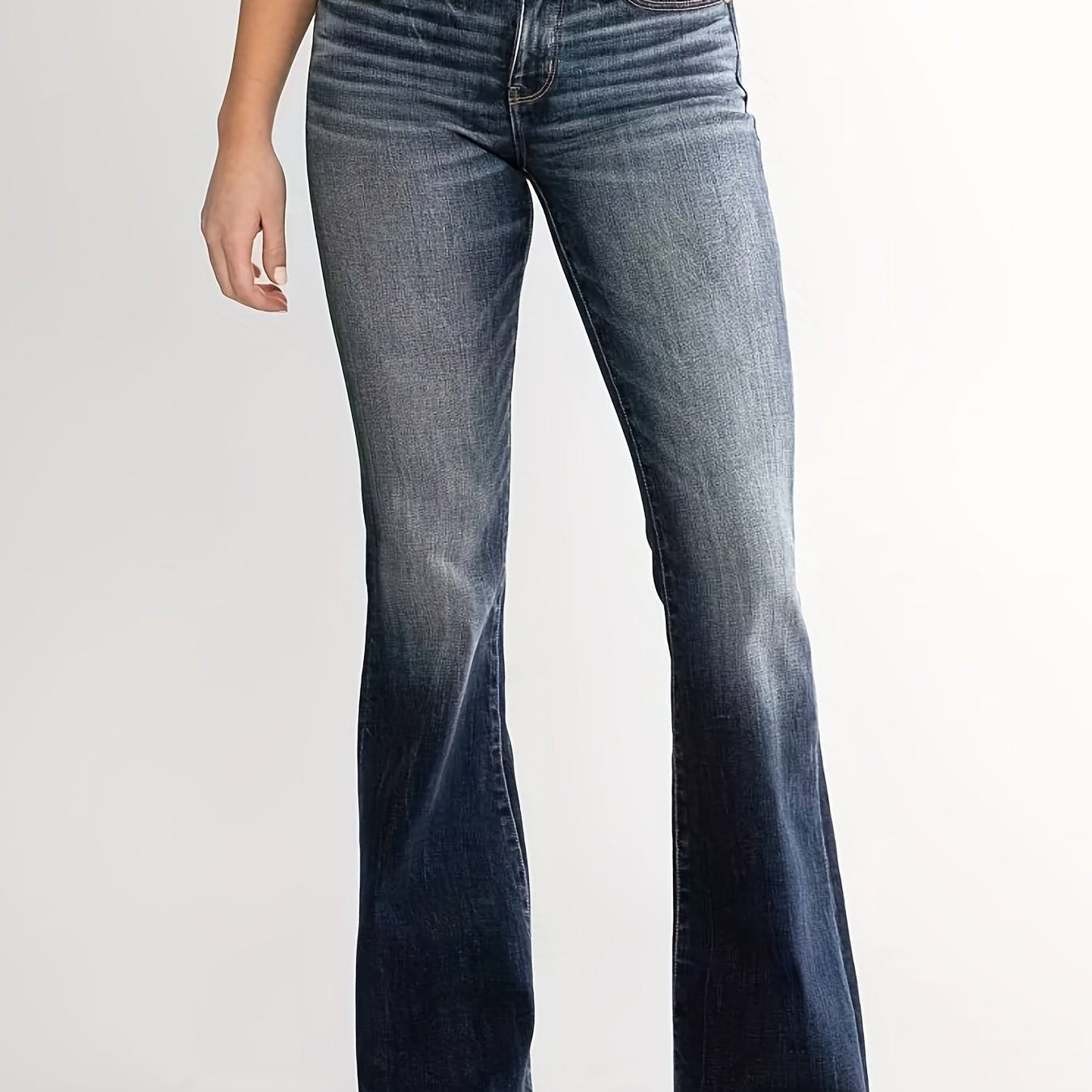 Antmvs Double Button Whiskering Flare Leg Jeans, Mid Waist Retro Faded Watter Tipple Embossed Denim Pants, Women's Denim Jeans & Clothing