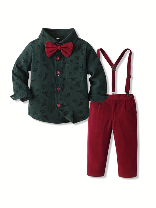 2pcs Boy's Gentleman Outfit, Trendy Bowtie Shirt & Overalls Set for Christmas Style Formal Wear