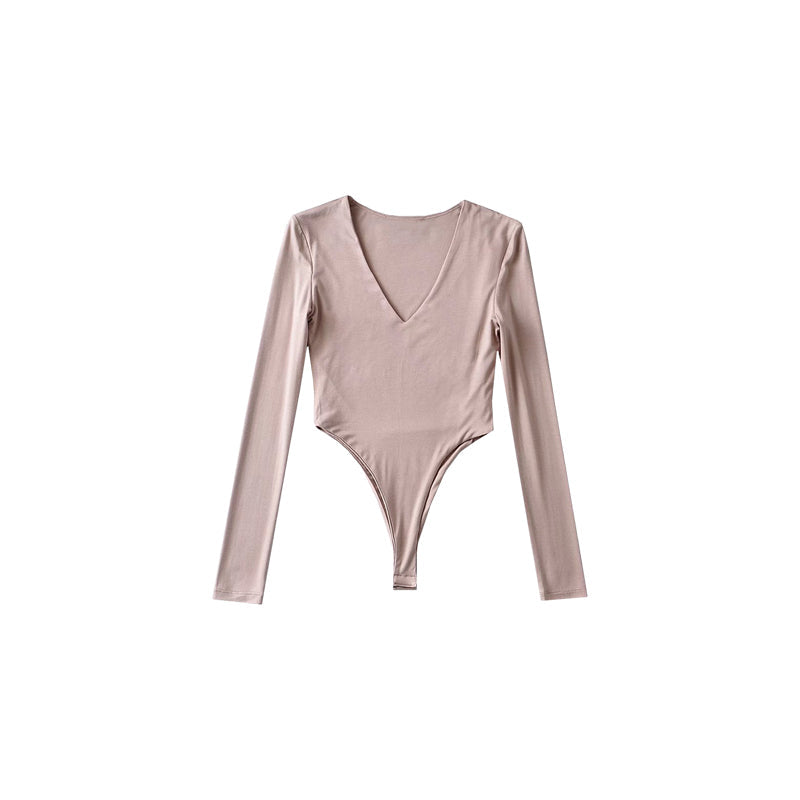 Antmvs Shia Solid Color V-Neck Slim Long Sleeve High Waist Bodysuit Top