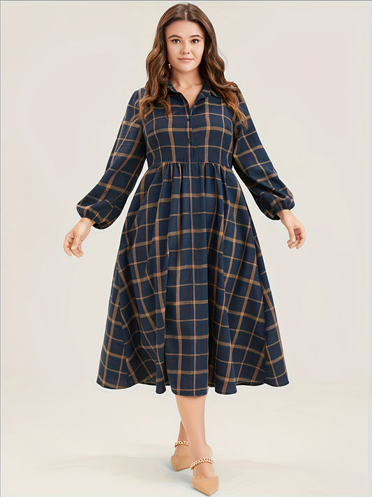 Antmvs Plus Size Casual Dress, Women's Plus Plaid Print Button Up Long Sleeve Turn Down Collar Midi Shirt Dress