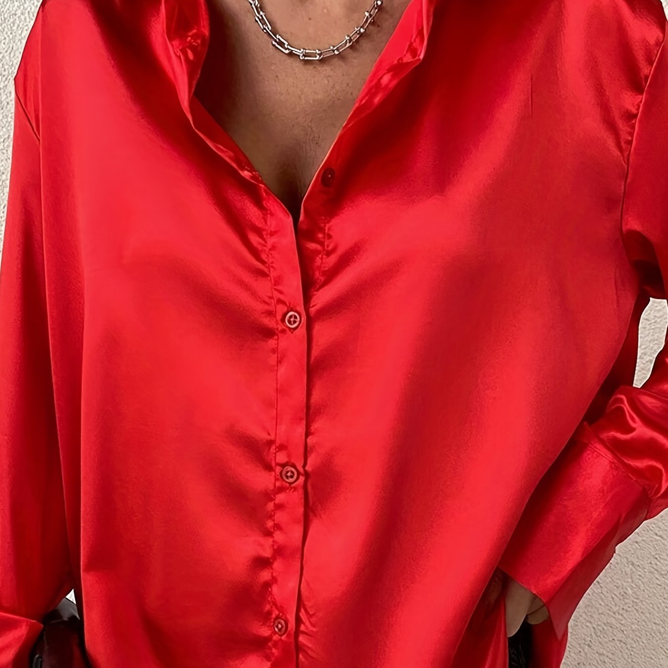 Antmvs Solid Button Front Shirt, Casual Satin Long Sleeve Collar Shirt, Women's Clothing