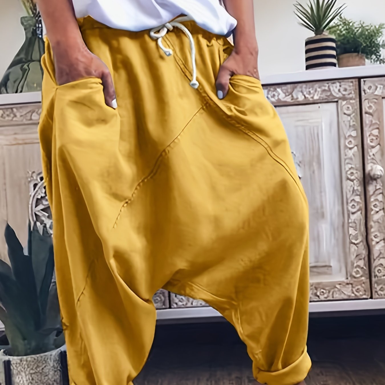 Antmvs Drawstring Solid Harem Pants, Casual Elastic Waist Long Length Pants, Women's Clothing