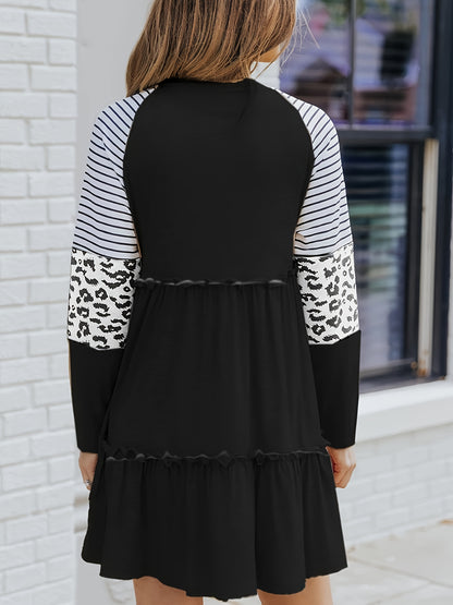 Antmvs Contrast Leopard & Stripe Print Dress, Casual Long Sleeve Crew Neck Ruffle Hem Dress, Women's Clothing