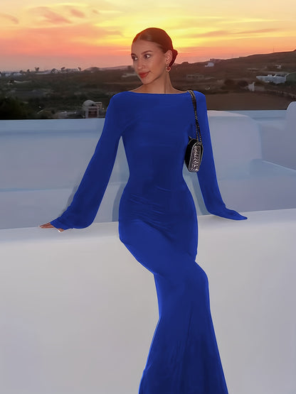 Antmvs Backless Solid Dress, Sexy Boat Neck Long Sleeve Maxi Dress, Women's Clothing