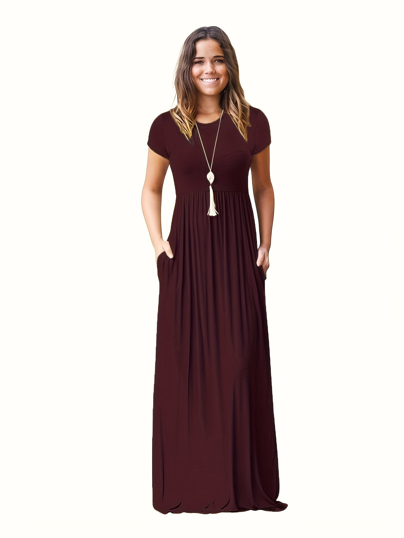 Antmvs Pleated Maxi Dress, Casual Crew Neck Short Sleeve Dress With Pockets, Women's Clothing