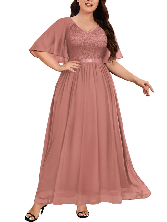 Antmvs Plus Size Elegant Bridesmaid Dress, Women's Plus Contrast Lace Cape Sleeve V Neck Flowy Formal Evening Dress