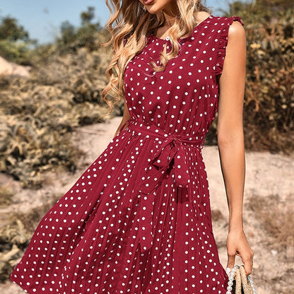 Antmvs Polka Dot Pleated Dress, Casual Keyhole Ruffle Trim Dress, Women's Clothing