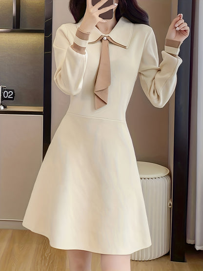 Antmvs Tie Neck A Line Dress, Elegant Long Sleeve Midi Dress, Women's Clothing