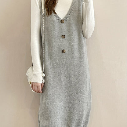 Antmvs Plunging Solid Midi Dress, Elegant Sleeveless Knitted Dress With Buttons, Women's Clothing