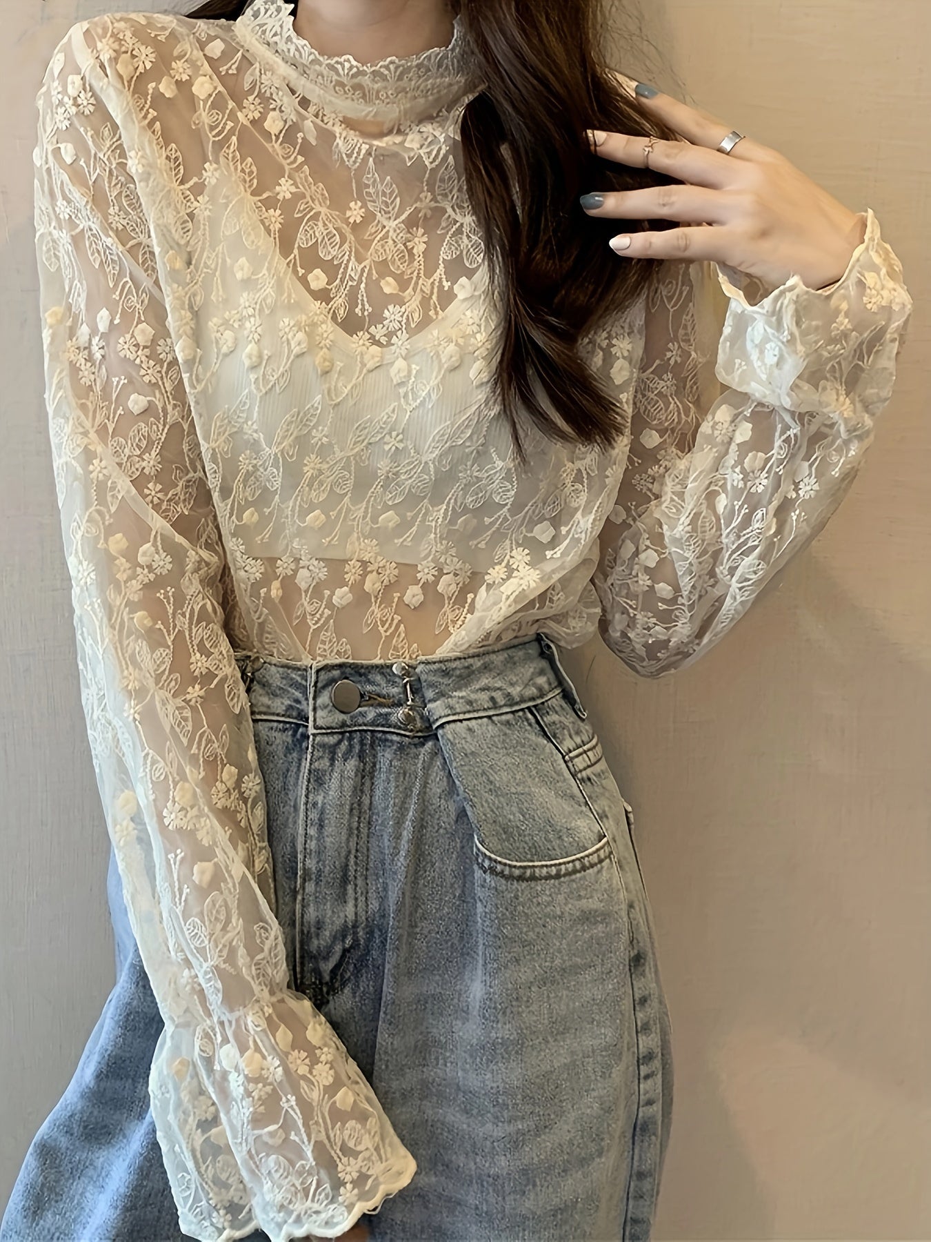 Antmvs Guipure Lace Overlay Flare Sleeve Blouse, Casual Mock Neck Long Sleeve Blouse, Women's Clothing