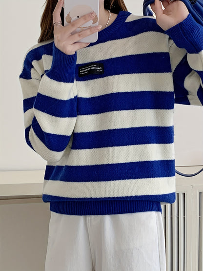 Antmvs Striped Crew Neck Pullover Sweater, Elegant Long Sleeve Loose Sweater, Women's Clothing