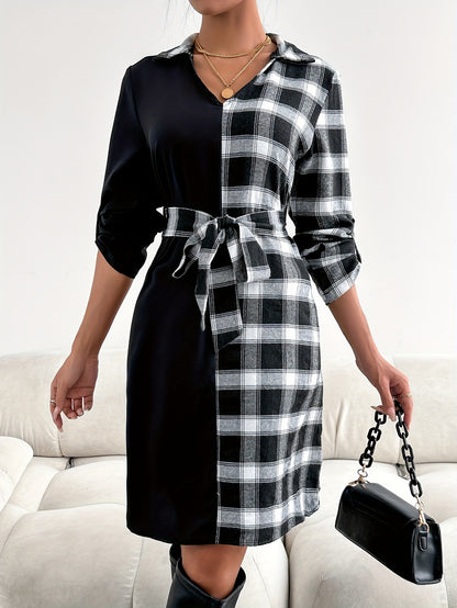 Antmvs Plaid Color Block Belted Dress, Elegant Long Sleeve Dress For Spring & Fall, Women's Clothing