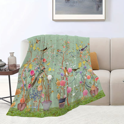 1pc Cozy Floral Bird Print Flannel Blanket - Soft, Warm, Comfortable, Versatile Throw for All Seasons, Home, Office, Travel, Bed - Perfect for Snuggling Up Indoors or Outdoors