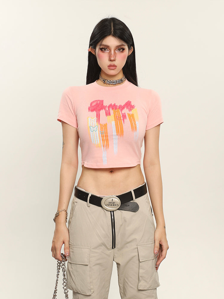 Antmvs Neon Butterfly Graphic Image Print Short Sleeve Cropped Top & Tee