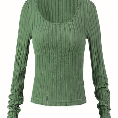 Antmvs Ribbed Solid Slim T-shirt, Casual Crew Neck Long Sleeve T-shirt, Women's Clothing