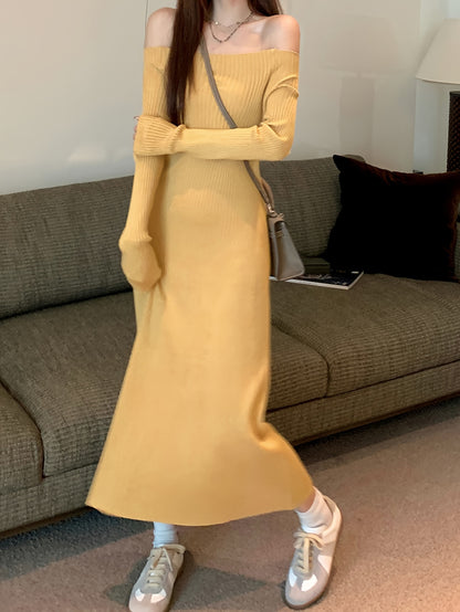 Antmvs Solid Off Shoulder Slim Dress, Elegant Long Sleeve Dress For Spring & Fall, Women's Clothing