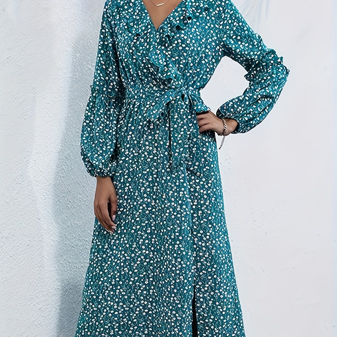 Antmvs Allover Print Ruffle Trim Dress, Elegant V Neck Long Sleeve Midi Dress, Women's Clothing