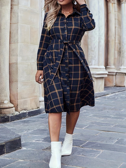 Antmvs Plaid Print Shirt Dress, Casual Button Front Long Sleeve Dress, Women's Clothing