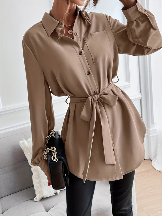 Antmvs Solid Pocket Polo Collar Belted Blouse, Casual Long Sleeve Blouse For Spring & Fall, Women's Clothing