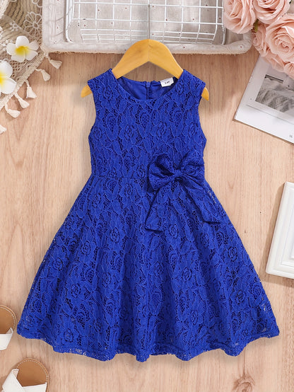 3-10 Years Old Girls Lovely Sleeveless Fit and Flare Lace Party Dress with Bowknot Front - Knee High, Non-Stretch, Solid Color, Casual Style for Summer