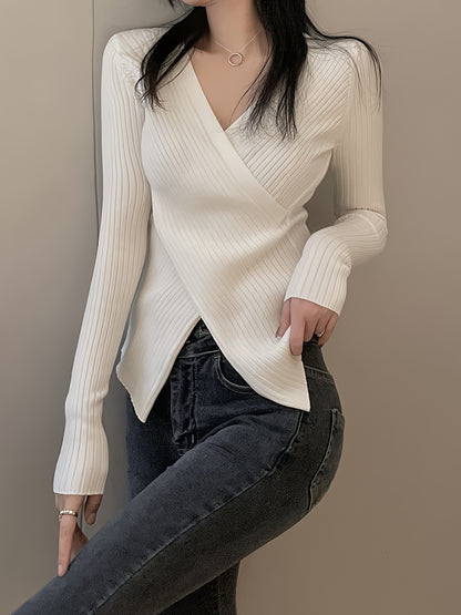 Antmvs Solid Cross Front Knitted Top, Casual Long Sleeve V Neck Slim Sweater, Women's Clothing