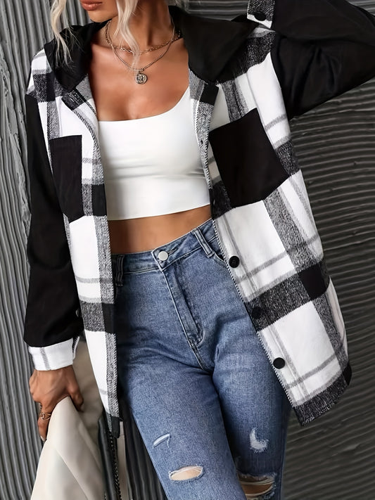 Antmvs Plaid Print Hooded Jacket, Casual Button Front Long Sleeve Outerwear, Women's Clothing