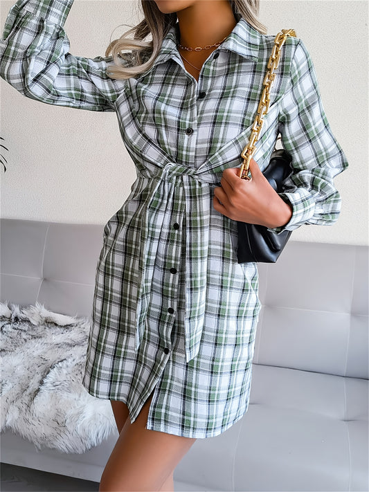 Antmvs Casual Plaid Belted Dress, Button Down Long Sleeve Dress, Casual Every Day Dress, Women's Clothing