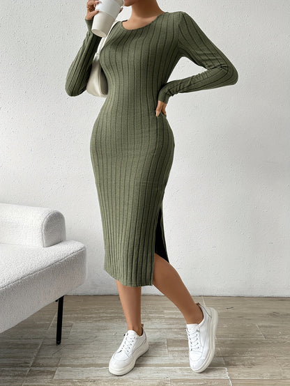 Antmvs Ribbed Solid Split Dress, Casual Crew Neck Long Sleeve Dress, Women's Clothing