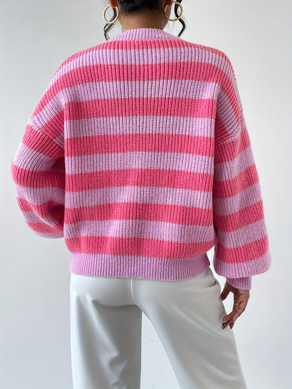 Antmvs Striped Pattern Crew Neck Pullover Sweater, Y2K Lantern Sleeve Sweater For Fall & Winter, Women's Clothing