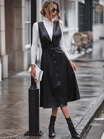 Antmvs Faux Leather Button Decor Dress, Stylish Plunge Neck A-line Dress, Women's Clothing