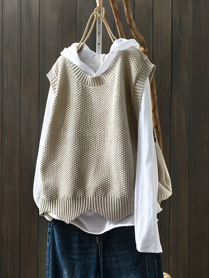 Antmvs Solid Crew Neck Knitted Vest, Casual Sleeveless Loose Sweater, Women's Clothing