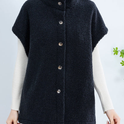 Antmvs Button Front Teddy Vest, Casual Short Sleeve Solid Versatile Vest, Women's Clothing