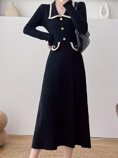 Antmvs Button Front High Waist Dress, Elegant Long Sleeve Midi Dress, Women's Clothing