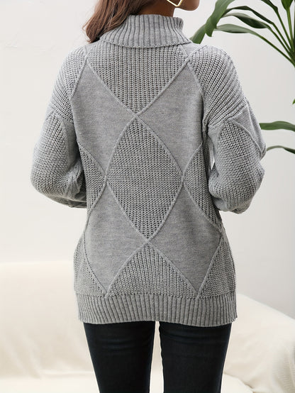 Antmvs Solid Turtleneck Pullover Sweater, Elegant Long Sleeve Drop Shoulder Sweater, Women's Clothing