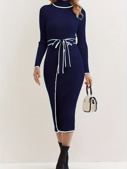 Antmvs Contrast Trim High Neck Dress, Elegant Long Sleeve Bodycon Midi Dress, Women's Clothing
