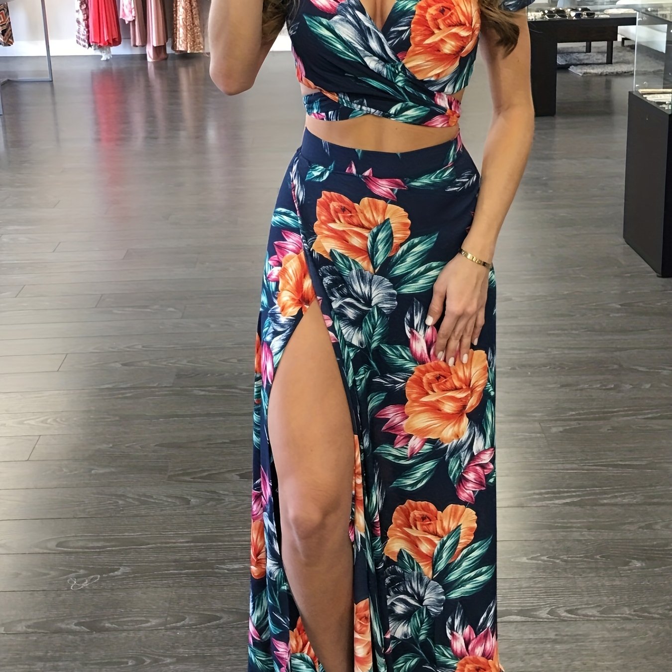 Antmvs Floral Print Two-piece Skirt Set, V-neck Crop Top & Split Skirt Outfits, Women's Clothing