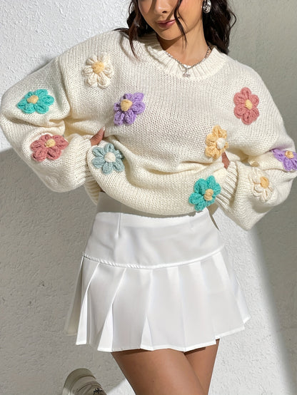 Antmvs Knit Flower Decor Crew Neck Sweater, Casual Long Sleeve Sweater For Fall & Winter, Women's Clothing