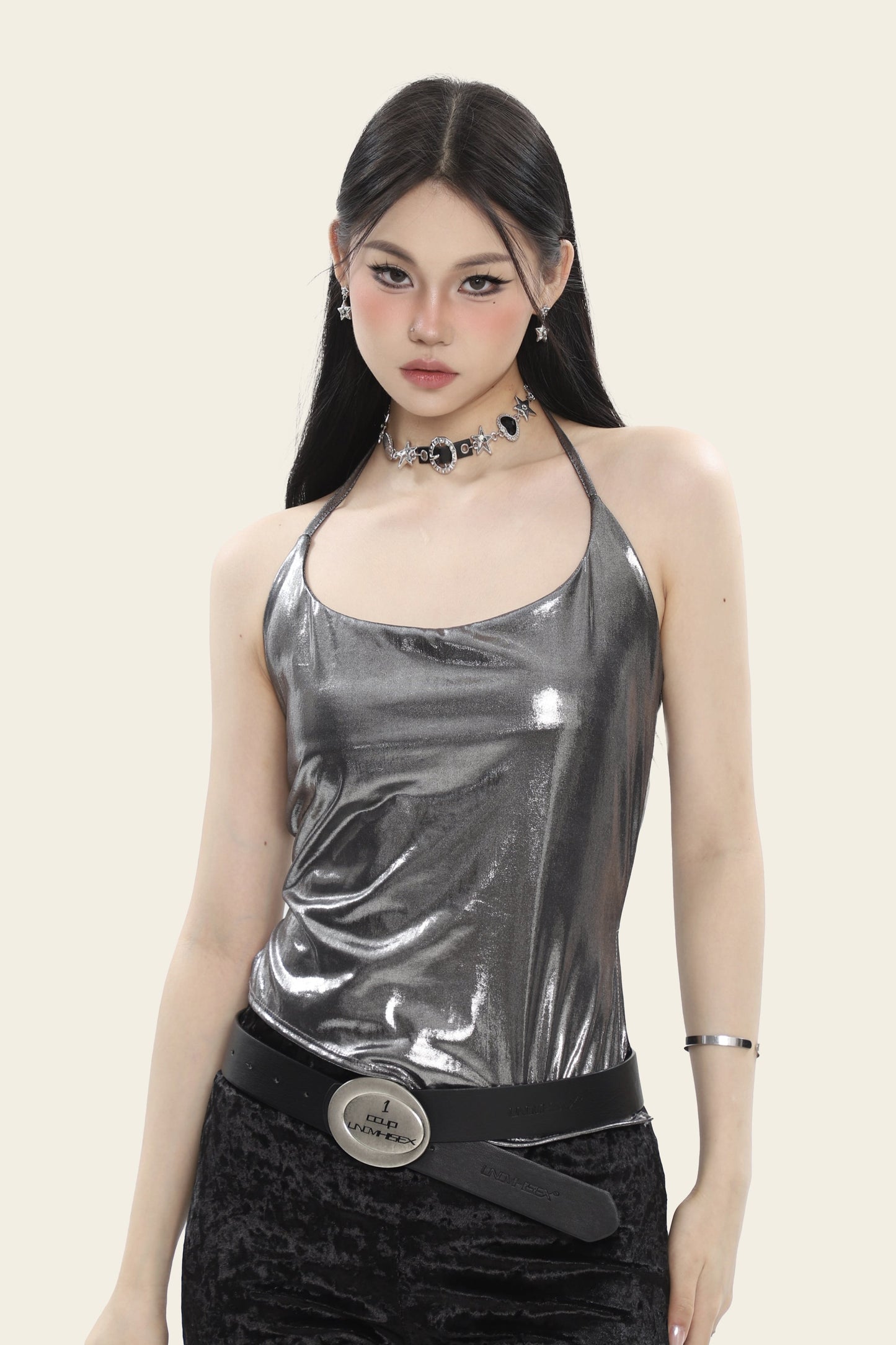 Antmvs Kilien Metallic Silver Halter Sleeveless Top