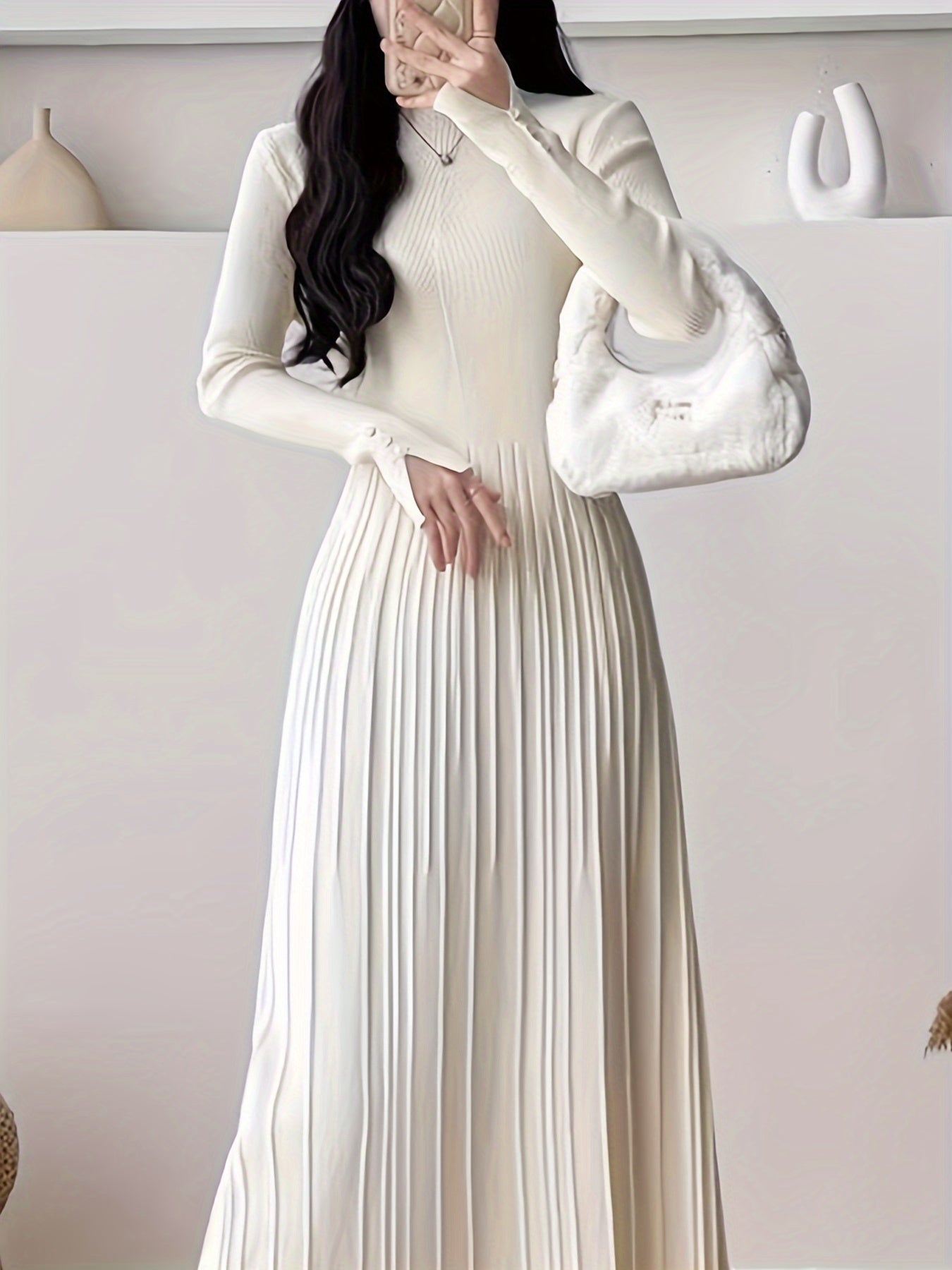 Antmvs Solid Sweater Maxi Dress, Elegant Mock Neck Long Sleeve Dress, Women's Clothing