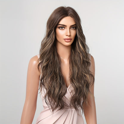 Long Curly Wavy Heat Resistant Synthetic Wigs for Women - Elegant Middle Part Buckle Net Cap Style - Soft, Natural-Looking Hair Replacement for a Glamorous You