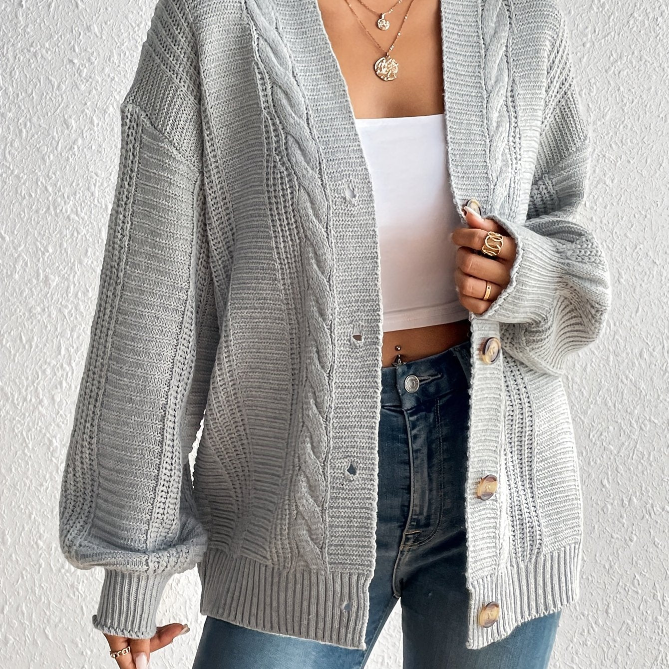 Antmvs Solid Button Down Cable Knit Cardigan, Casual Long Sleeve Drop Shoulder Sweater, Women's Clothing