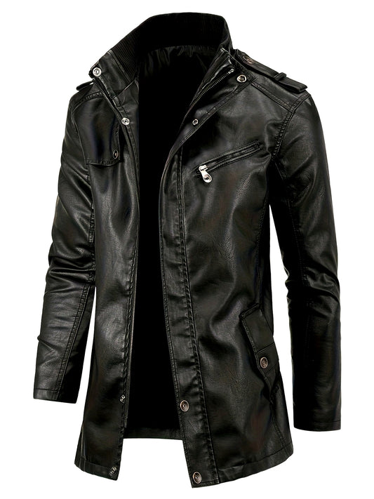 Stylish Men's PU Leather Jacket - Casual Street Style Stand Collar Overcoat with Zipper Pockets, Adjustable Cuffs, and Soft Lining for Comfortable Wear